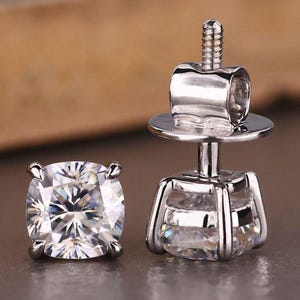 Everyday Earrings for Women, Cushion Moissanite Stud Earrings, 1 TCW Colorless Moissanite Studs, Four Prong, Screw Back or Push Back Earring