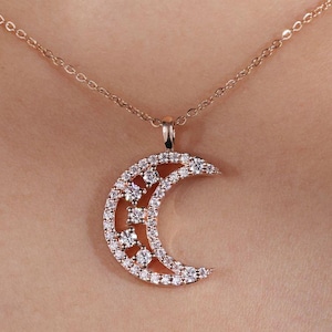 Crescent Moon Shaped Pendant, 0.71 TCW Round Brilliant Cut Moissanite Pendant, Rose Gold Pendant For Necklace, Birthday Gift For Her