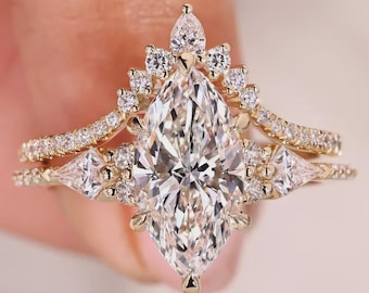Primer pago, conjunto nupcial de diamantes marquesa cultivados en laboratorio de 2 quilates, plata 925, talla de anillo 6 (EE. UU.)