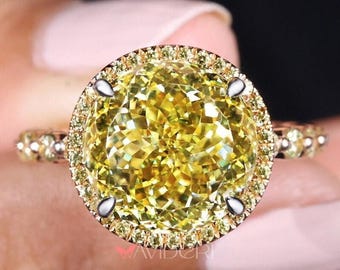 7ct Canary Yellow Moissanite Engagement Ring: Yellow Sapphire Halo and Pave, Two Tone Gold