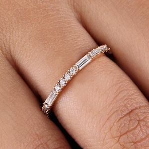 Half Eternity Baguette and Round Cut Moissanite Band - Thin Wedding Band for Your Rings - Dainty Stackable Ring - Handmade With Love