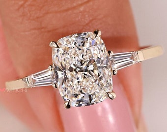 Cushion Cut Three Stone Engagement Ring Side Stone Tapered