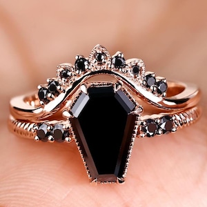 Antique Coffin Engagement Ring with Wedding Band - Black Moissanite Bridal Set - 1.70 CT Coffin Ring Curved Matching Band - Rose Gold Rings