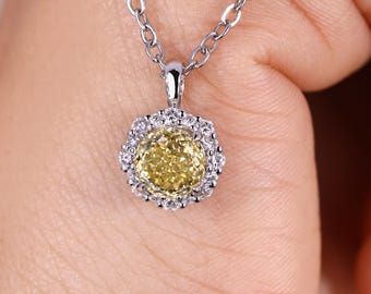 Canary Yellow Moissanite Pendant, 1.30 CT Portuguese Cut Cluster Halo Wedding Pendant, Charm Pendant For Necklace, Engagement/Birthday Gifts