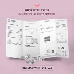 May include: An image of IGI certified lab-grown diamonds with a certificate. The certificate is open and displays information about the diamonds. The text "SHINE WITH TRUST" and "INCLUDED WITH PURCHASE" is also visible.