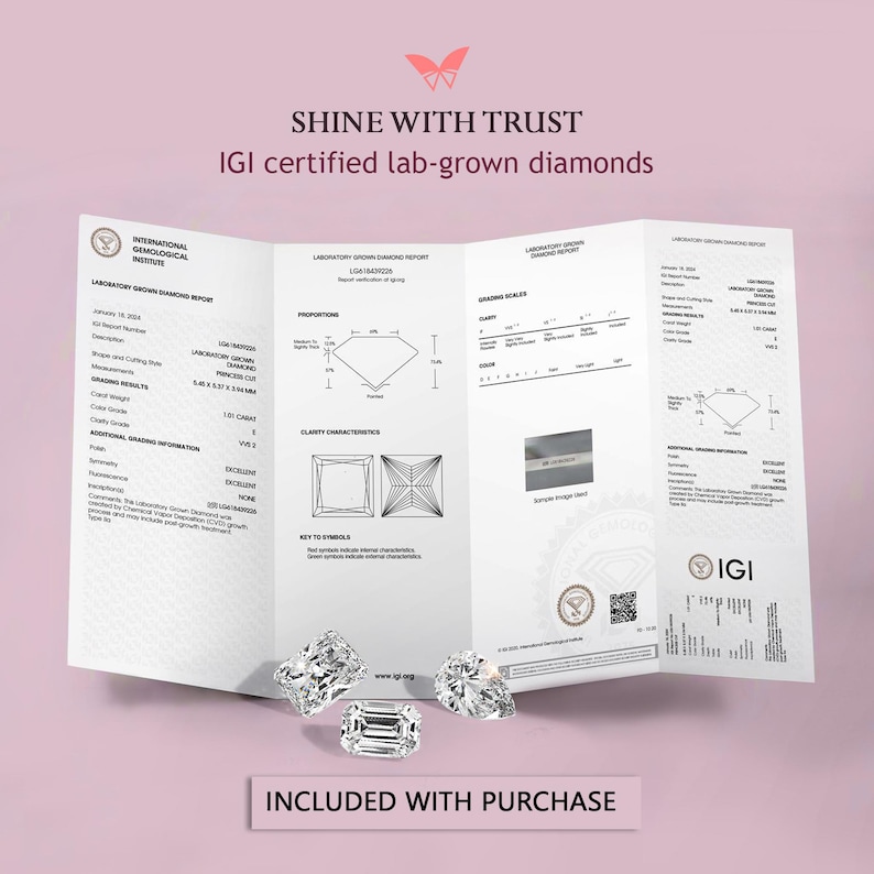 May include: An image of IGI certified lab-grown diamonds with a certificate. The certificate is open and displays information about the diamonds. The text "SHINE WITH TRUST" and "INCLUDED WITH PURCHASE" is also visible.