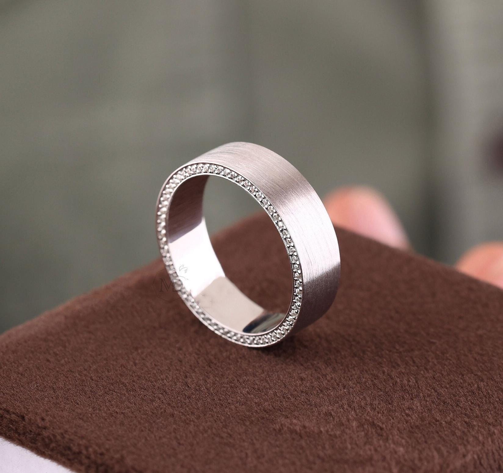 Mens Diamond Wedding Ring, 6mm Wide Brush Finish Mens Eternity Band with Round-cut Lab Grown Diamonds, Full Filled Gold Mens Ring, Handmade