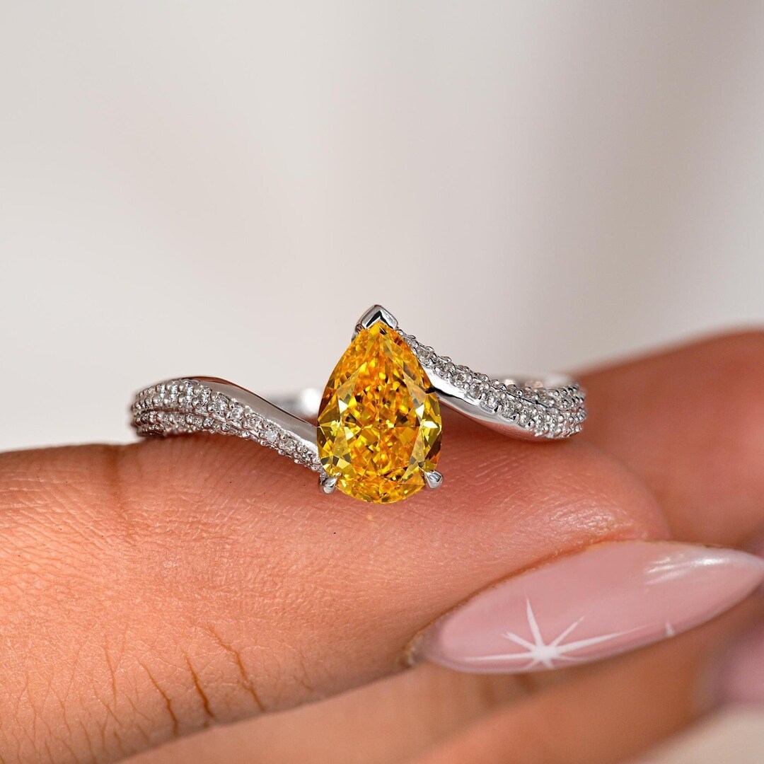 Pear Cut Yellow Lab Grown Diamond Engagement Ring: Pave Bypass Band ...