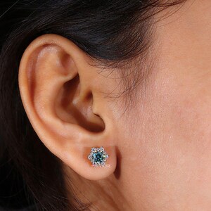 Cyan Blue Moissanite Diamond Earrings - Cluster Flower Studs for Women, Handmade Jewelry Halo Collection, Last Minute Gifts, Earrings on Ear image 3