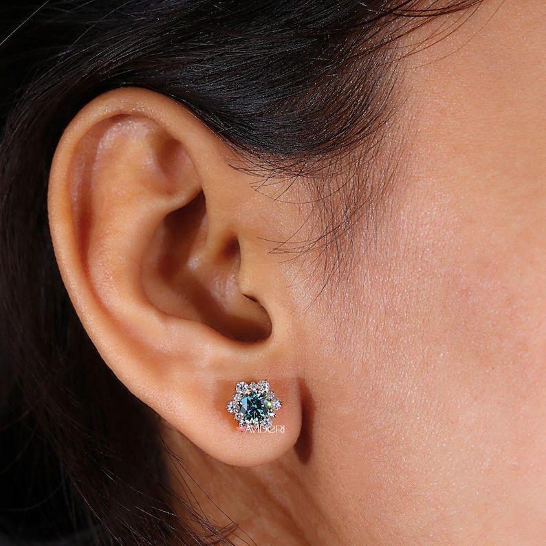 Cyan Blue Moissanite Diamond Earrings - Cluster Flower Studs for Women, Handmade Jewelry Halo Collection, Last Minute Gifts, Earrings on Ear image 3