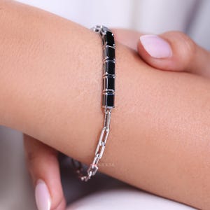 Emerald Cut Black Moissanite Bracelet: White Gold Clip Chain, Unisex Half Eternity