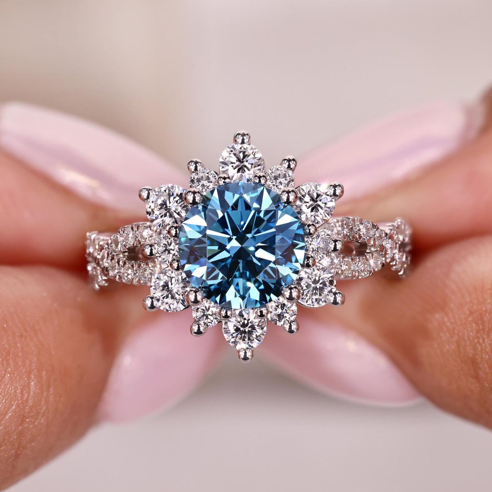 IGI Certified Blue Lab Diamond Engagement Ring: Sunburst Halo, Vintage ...