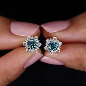 Cyan Blue Moissanite Diamond Earrings - Cluster Flower Studs for Women, Handmade Jewelry Halo Collection, Last Minute Gifts, Earrings on Ear image 6
