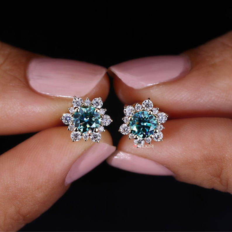 Cyan Blue Moissanite Diamond Earrings - Cluster Flower Studs for Women, Handmade Jewelry Halo Collection, Last Minute Gifts, Earrings on Ear image 6
