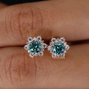 Cyan Blue Moissanite Diamond Earrings - Cluster Flower Studs for Women, Handmade Jewelry Halo Collection, Last Minute Gifts, Earrings on Ear image 8