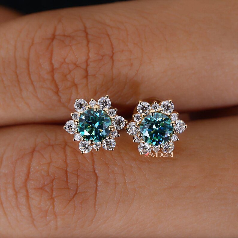 Cyan Blue Moissanite Diamond Earrings - Cluster Flower Studs for Women, Handmade Jewelry Halo Collection, Last Minute Gifts, Earrings on Ear image 8