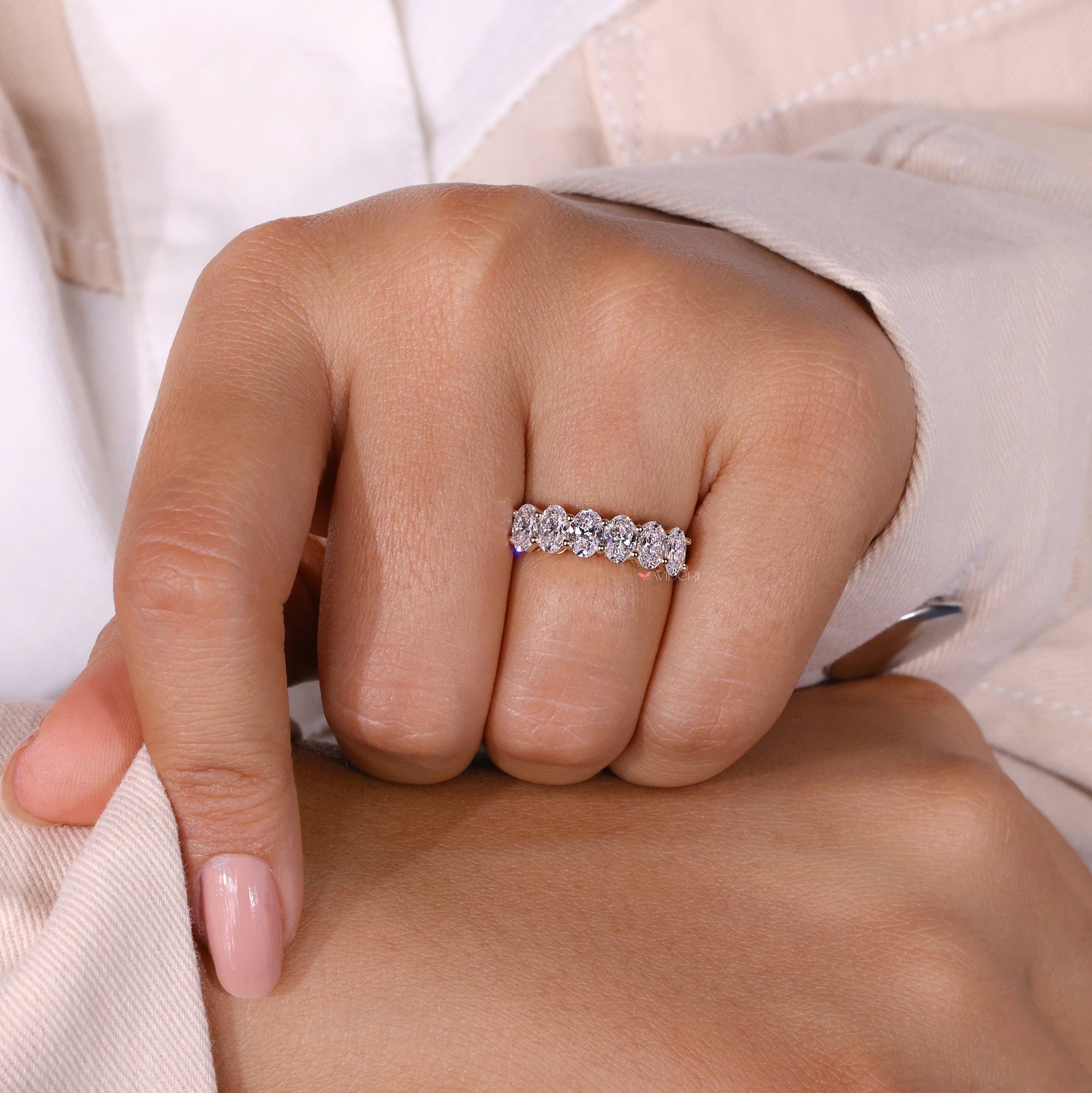 Six Stone Oval Cut Diamond Ring, Lab Grown Diamond Wedding Band