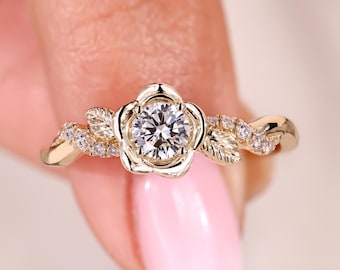 Floral Nature Inspired Engagement Ring, Round Cut Lab Grown Diamond, Side Leaf Design, Vintage Wedding Ring, Gift Ring for Friend, Sister