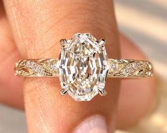 2 CT Oval Step Cut Lab Grown Diamond Engagement Ring in Leaf and Branches Nature Inspired Design, Hidden Halo Ring, 2.50 MM Wide Cigar Band