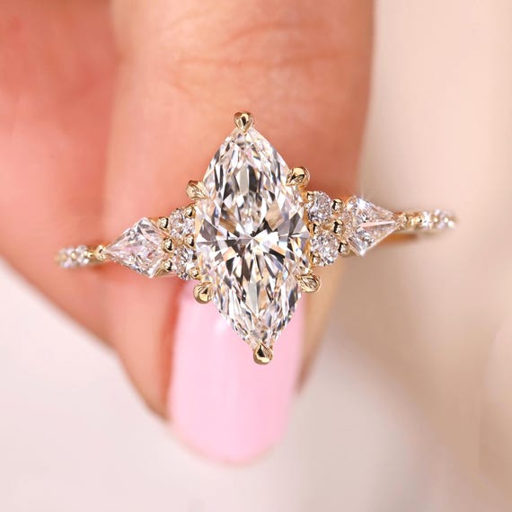Vintage Marquise Lab Grown Diamond Ring, Muse Engagement Ring with Kite and Round Diamonds, 1 to 5 Carat Marquise Cut Wedding Ring for Women