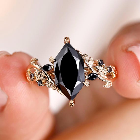 Dutch Marquise Nature Inspired Engagement Ring: 1 to 4 Carat Black Moissanite Gothic Wedding Ring