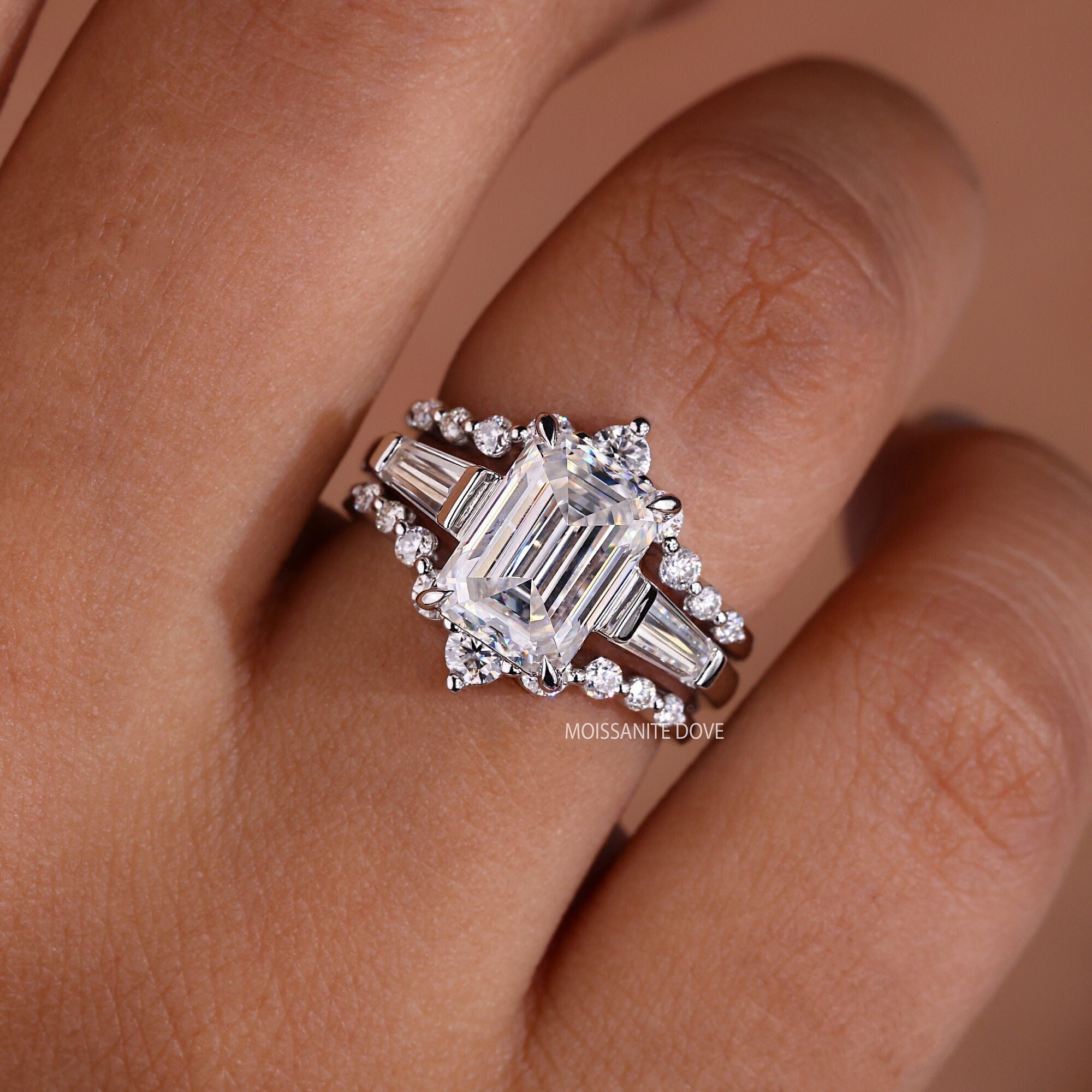 Three Stone Emerald Cut Engagement Rings Enhancer Wraps Tapered Baguette Ring Moissanite Bridal Set Gifts for Her Etsy UK
