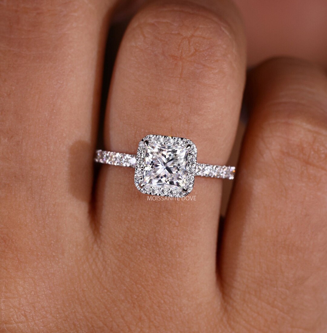 Princess Cut Halo Engagement Rings on Finger 1 to 3 Carat Square Moissanite Wedding Anniversary Gifts for Her Etsy Australia