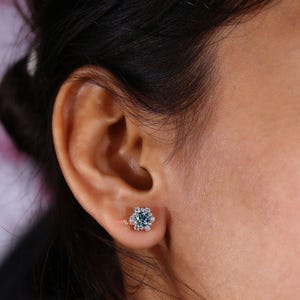 Cyan Blue Moissanite Diamond Earrings - Cluster Flower Studs for Women, Handmade Jewelry Halo Collection, Last Minute Gifts, Earrings on Ear image 2