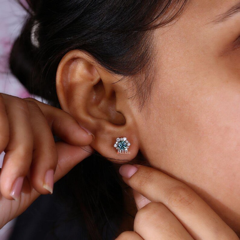 Cyan Blue Moissanite Diamond Earrings - Cluster Flower Studs for Women, Handmade Jewelry Halo Collection, Last Minute Gifts, Earrings on Ear image 9