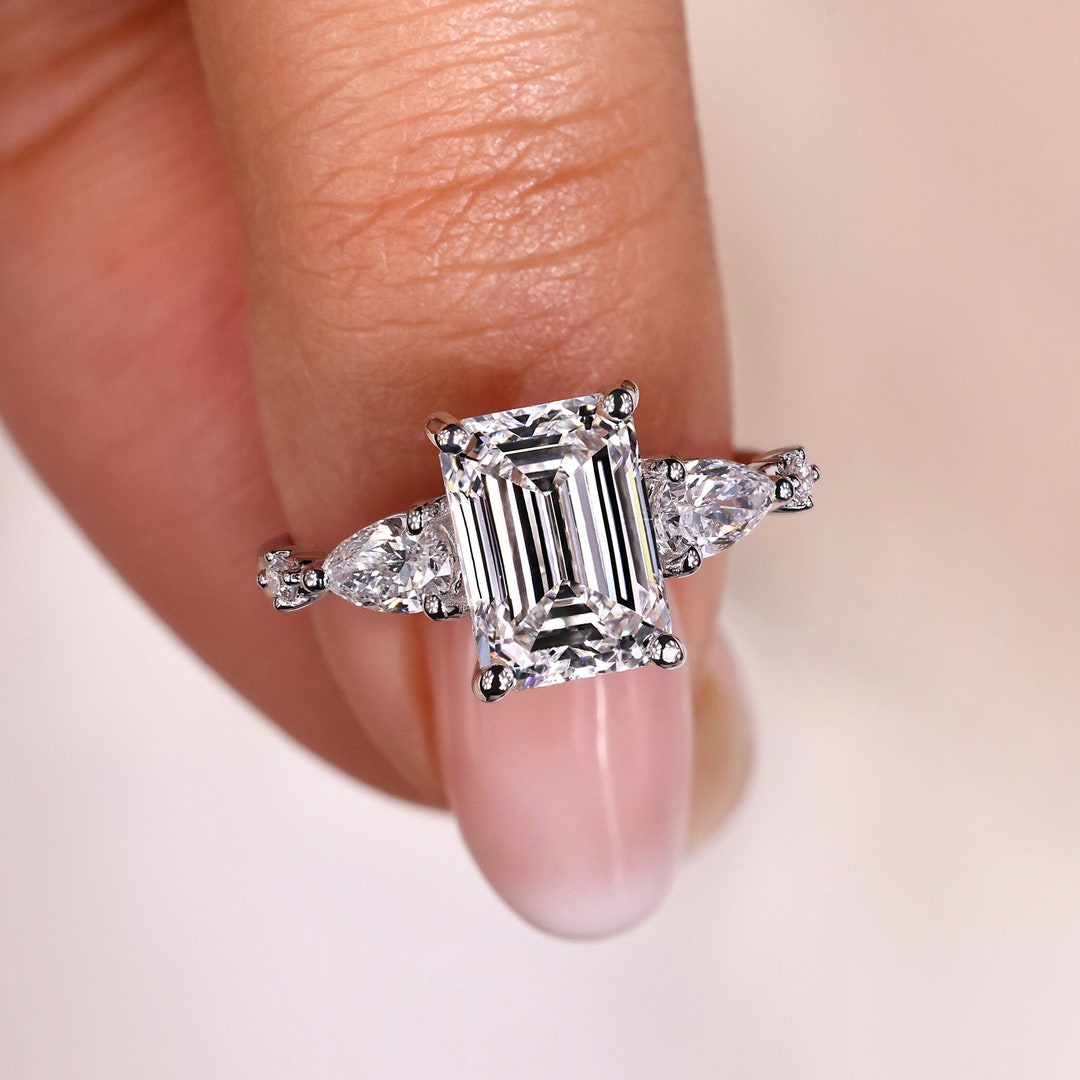 Lab Grown Emerald Cut Diamond Engagement Ring: Pear Round Side