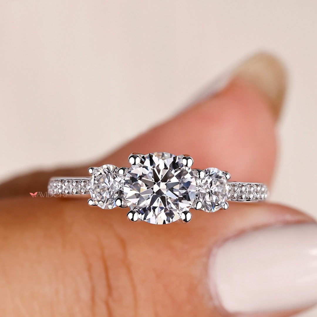 Round Diamond Three Stone Engagement Ring Gifts, 1ct Round Brilliant ...