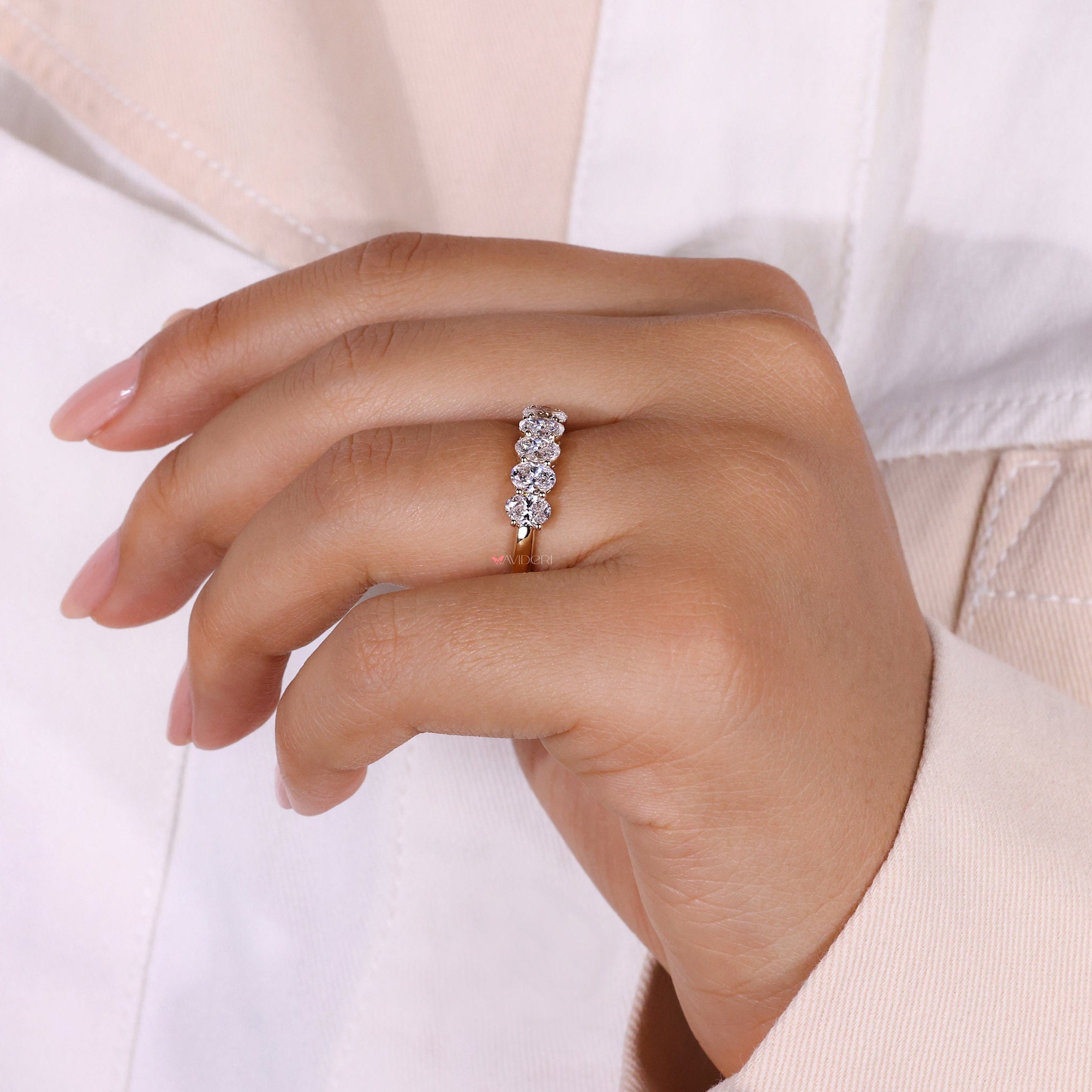 Six Stone Oval Cut Diamond Ring, Lab Grown Diamond Wedding Band 