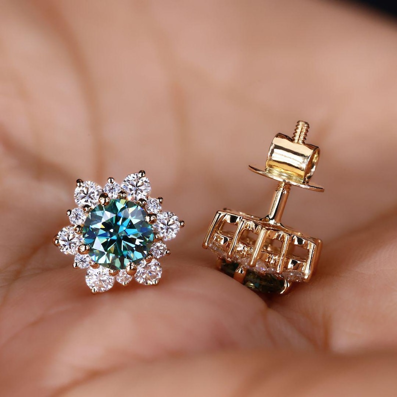 Cyan Blue Moissanite Diamond Earrings - Cluster Flower Studs for Women, Handmade Jewelry Halo Collection, Last Minute Gifts, Earrings on Ear image 1