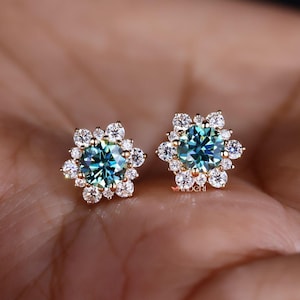 Cyan Blue Moissanite Diamond Earrings - Cluster Flower Studs for Women, Handmade Jewelry Halo Collection, Last Minute Gifts, Earrings on Ear image 5