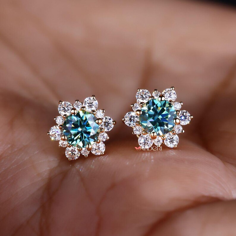 Cyan Blue Moissanite Diamond Earrings - Cluster Flower Studs for Women, Handmade Jewelry Halo Collection, Last Minute Gifts, Earrings on Ear image 5