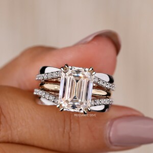 4.25ct Emerald Cut Moissanite Engagement Ring With Wedding Band, Ring ...
