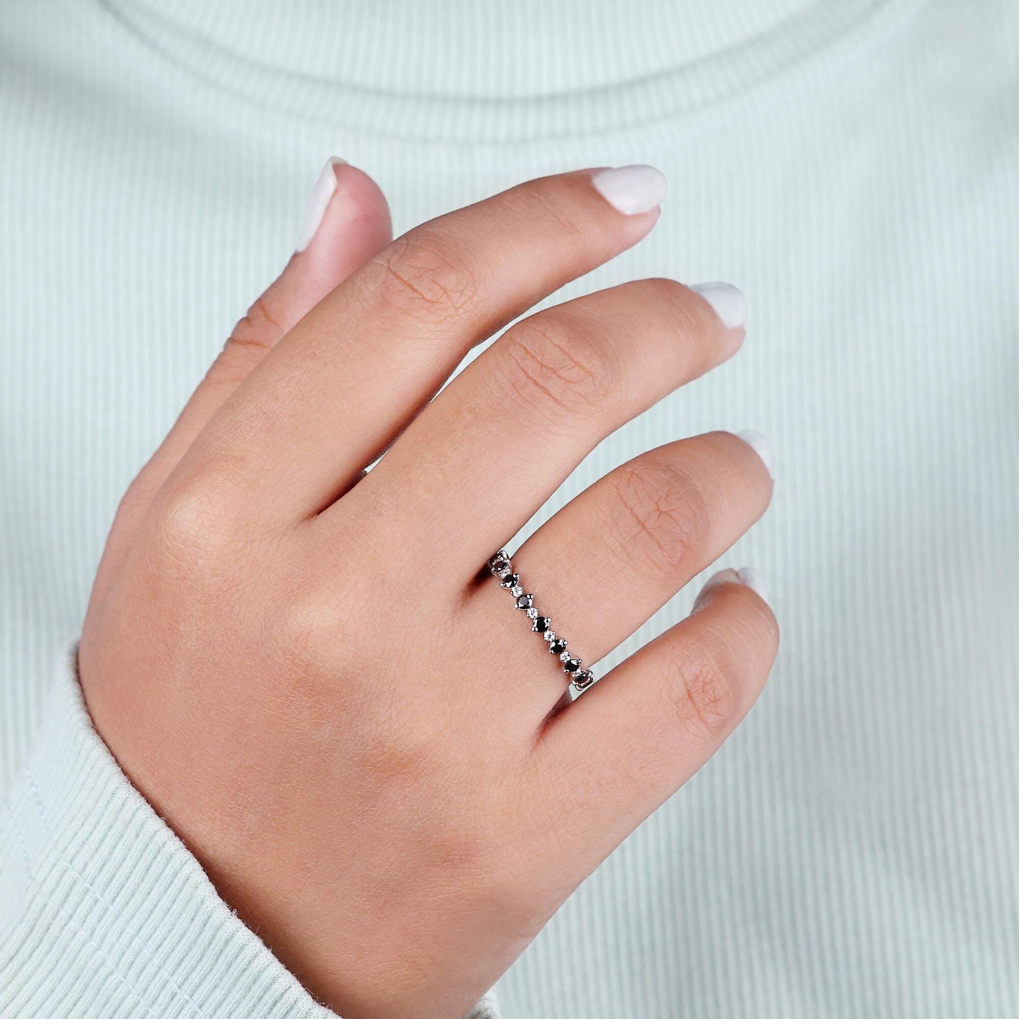 Black and White Moissanite Eternity Band, 0.68 TCW Round Brilliant Moissanite Wedding Band, Stackable Band, Matching Band, Bridal Set Band