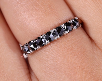 Round Rose Cut Seven Stone Band, 0.66ct Black Moissanite Band, Women's Wedding Band, Four Claw Prong, Low Setting, Handmade Ring by Avideri