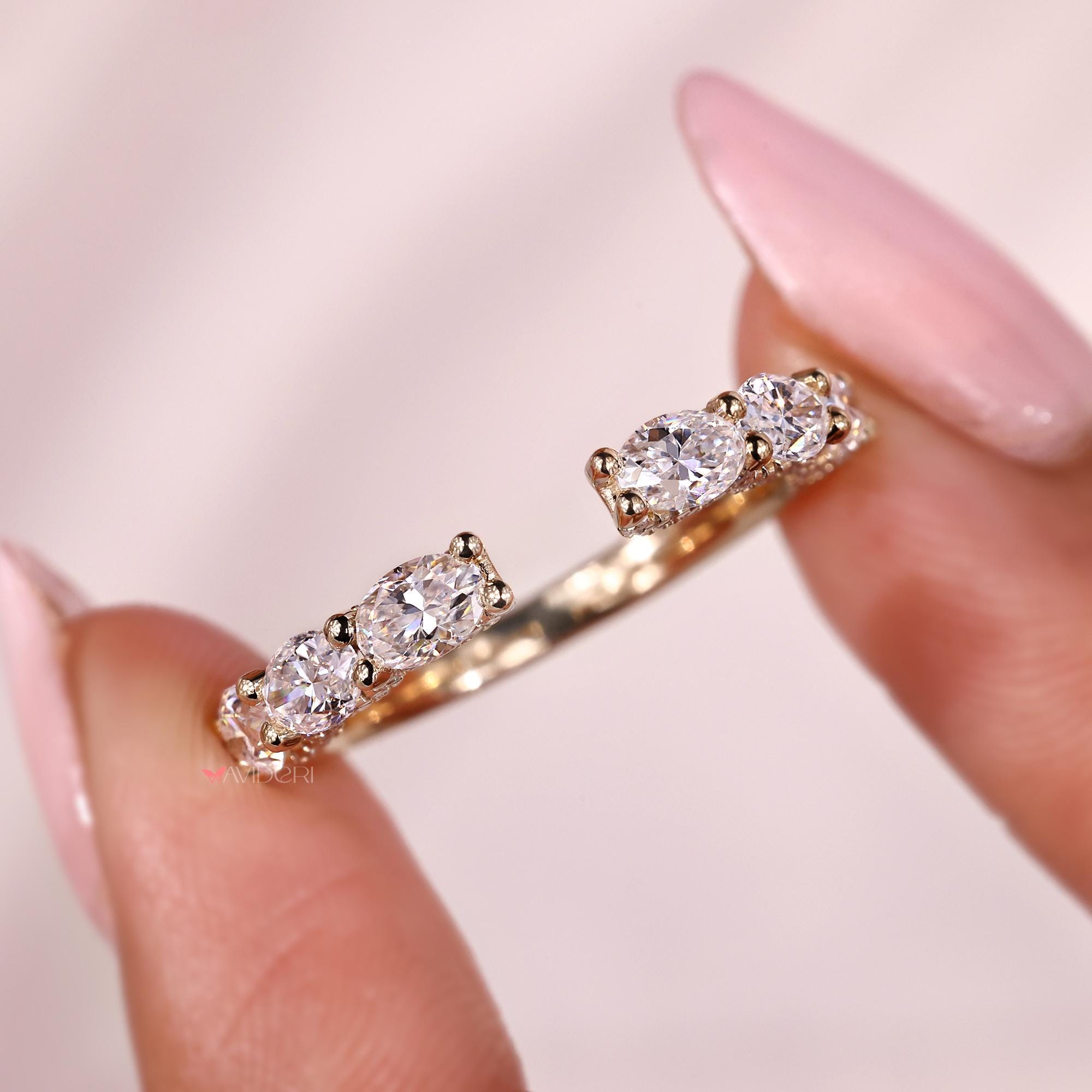 Oval Moissanite Band Open Gap: U Prong Pave Yellow Gold Wedding Ring ...