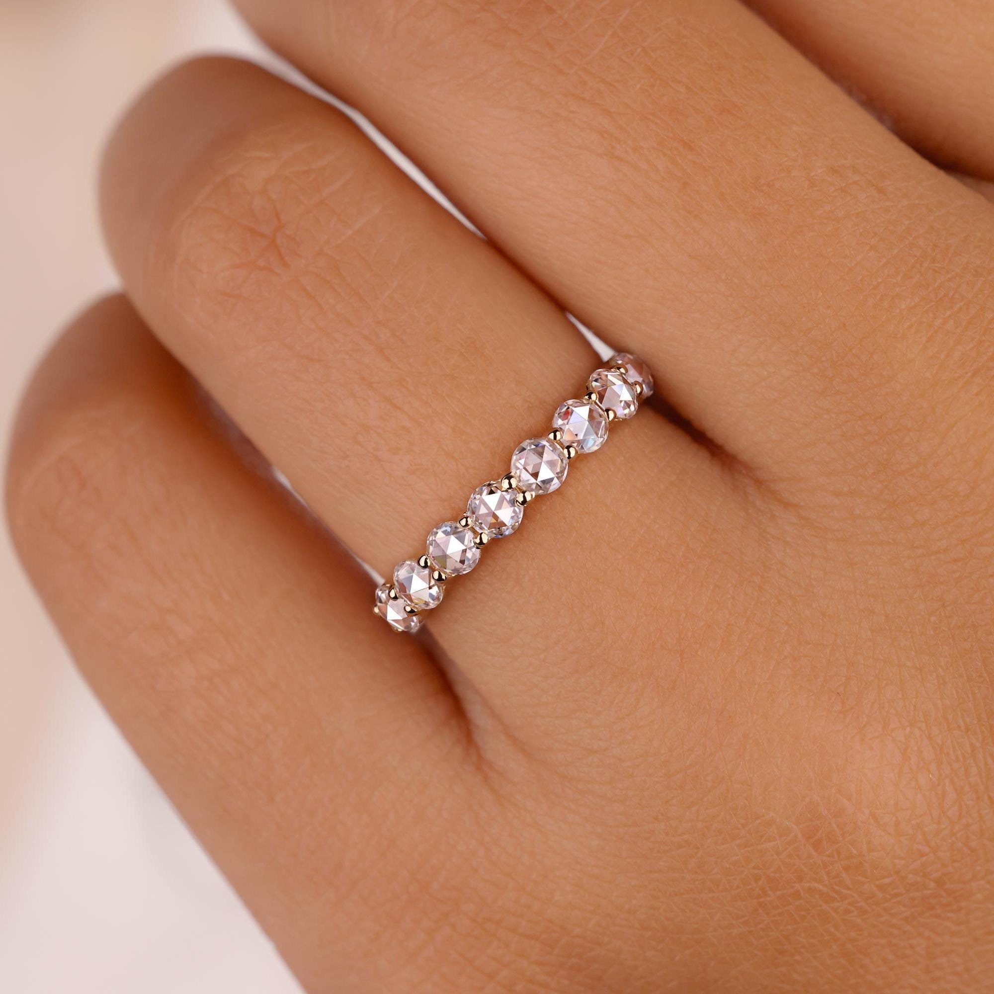Eight Stone Rose Cut Diamond Band Shared Prong Round Rose Cut Lab Grown Diamond Wedding Band Low Setting Ring for Mom/Sister Antique Jewelry