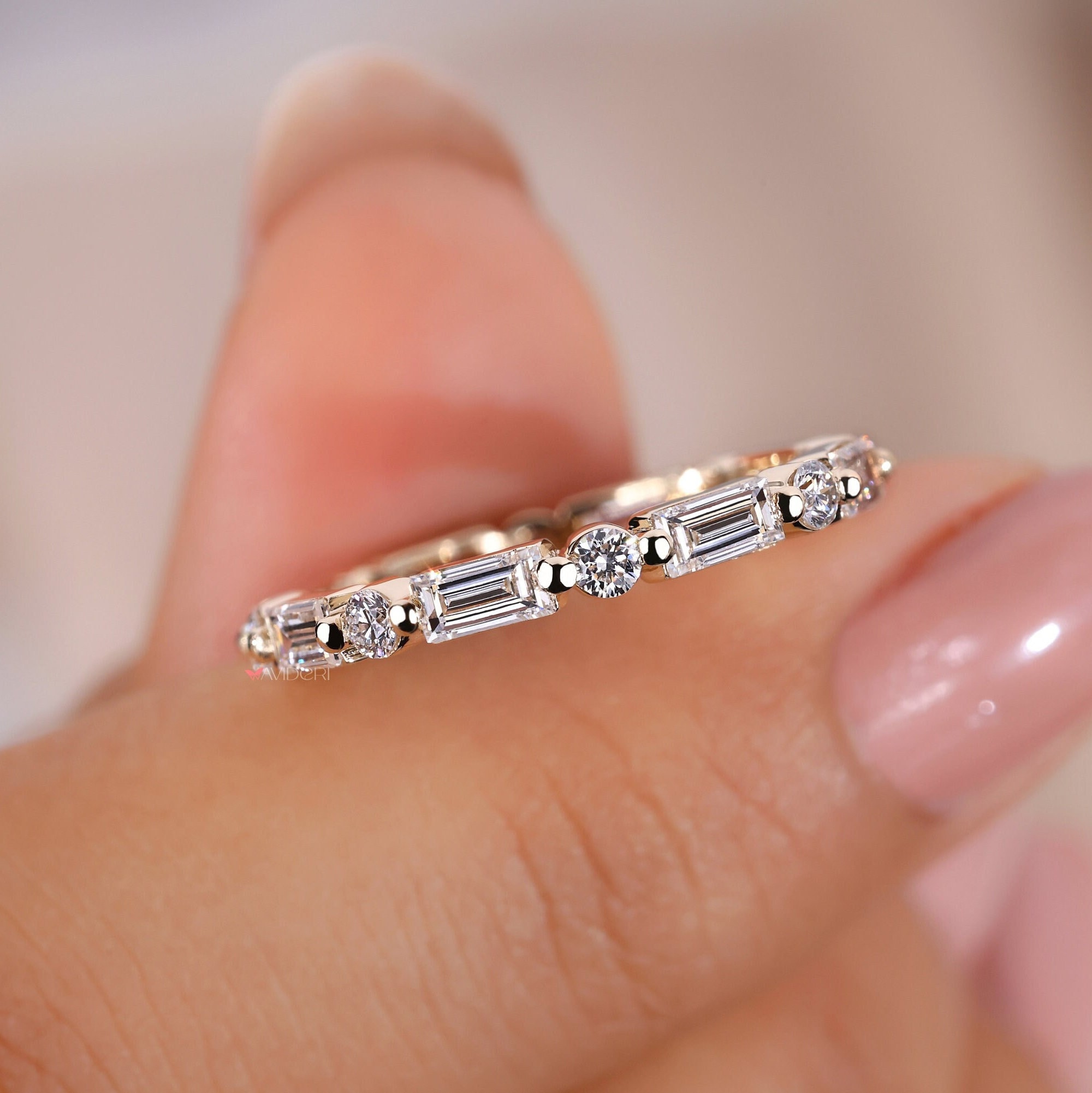 Dot Dash Eternity Ring Baguette and Round Lab Grown Diamond Band Shared Prongs Thin Stackable Band Minimalist Engagement Ring by Avideri Etsy Canada