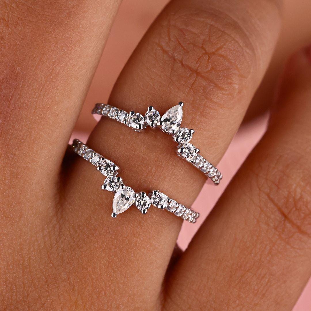 Ring Guard Enhancer Wrap, Round and Pear Moissanite Wedding Band, Enhancer for Oval cut and Round cut Ring, Curved Matching Band, Joint Band
