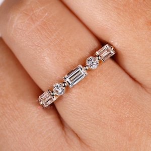 Alternative Baguette and Round Diamond Wedding Band, Dot Dash Half Eternity Ring, Seven Stone Diamond Band, Shared Prong, Matching Ring