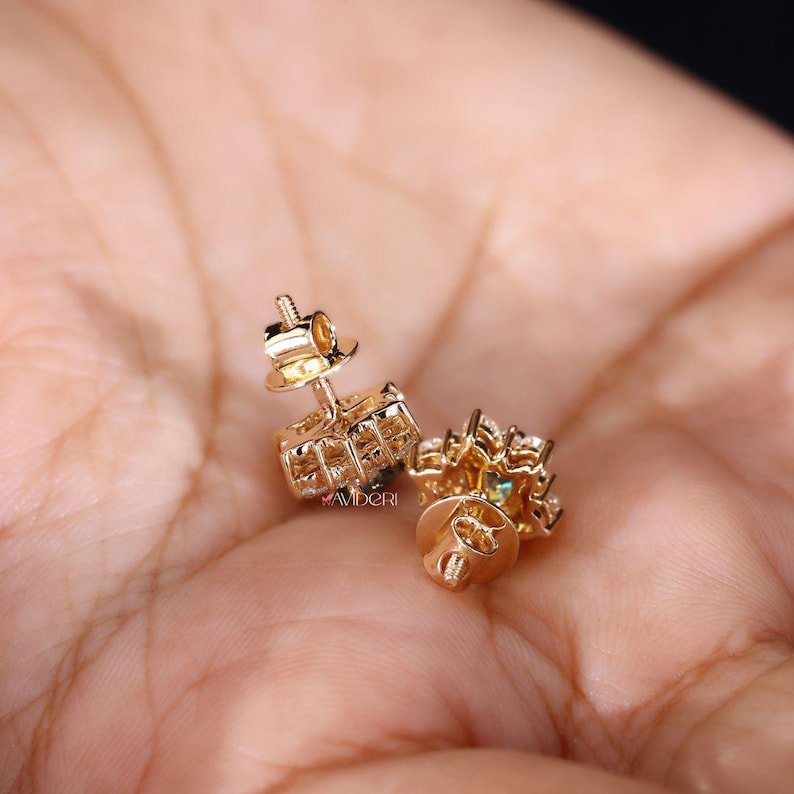 Cyan Blue Moissanite Diamond Earrings - Cluster Flower Studs for Women, Handmade Jewelry Halo Collection, Last Minute Gifts, Earrings on Ear image 7