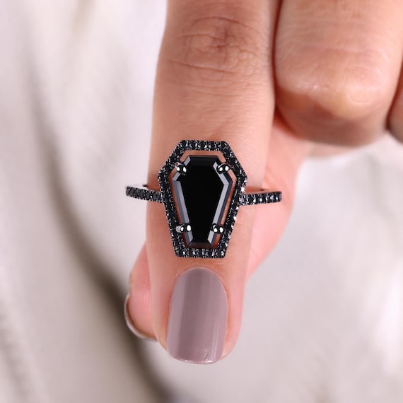 Goth Engagement Ring - 3ct Coffin Shaped Black Moissanite Wedding Ring - Coffin Ring - Black Halo Ring with Pave Set - Oxidized Jewelry