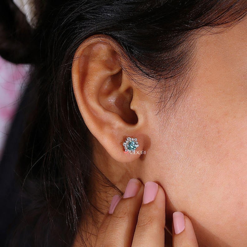 Cyan Blue Moissanite Diamond Earrings - Cluster Flower Studs for Women, Handmade Jewelry Halo Collection, Last Minute Gifts, Earrings on Ear image 4
