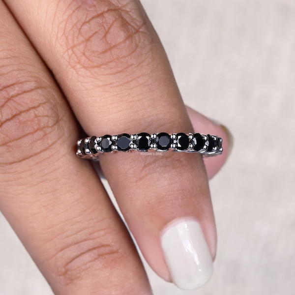 2.80 MM Round Cut Black Moissanite Wedding Band, 1.92 TCW Round Eternity Band, Trellis Setting, Stackable Band, Anniversary Gift For Her