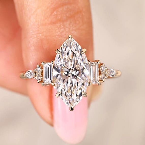 Marquise Cut Ring Lab Grown Diamond Engagement Ring Side Diamond Baguette/Round Vintage Diamond Wedding Ring for Women Gold Anniversary Ring