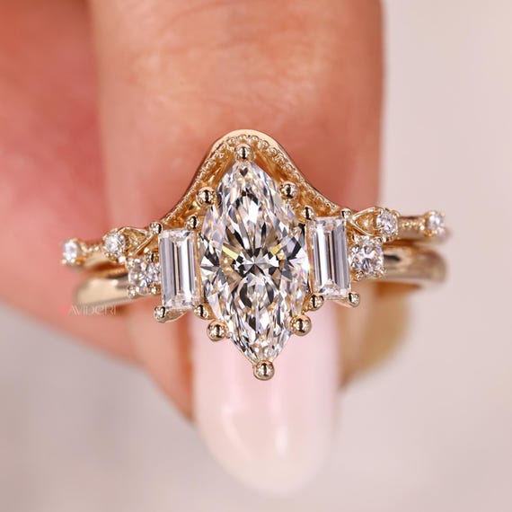 Anello Con Diamanti Simulati Marquise Da 1,60 Ct, Anello Per Anniversario In Oro 14k - Italia - Foto 5