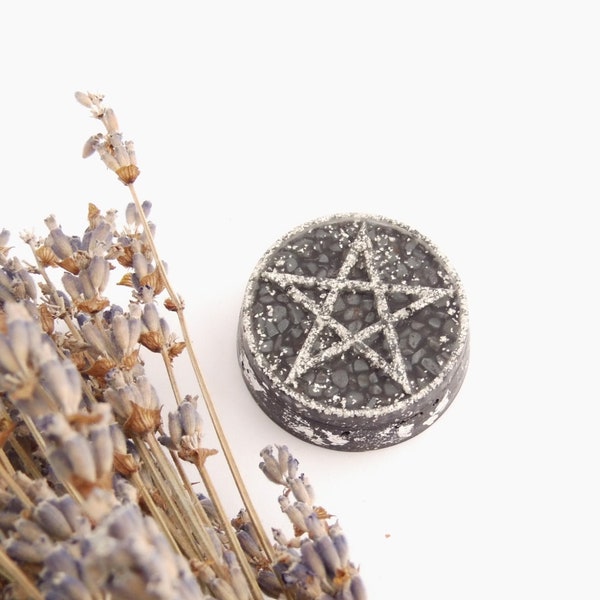 Orgonite Pentagram, large round healing stone pendant with silver, hematite, in cotton macramé, adjustable chain